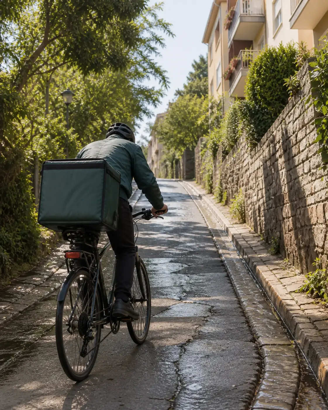 Ilustrație de scenariu: curier pe bicicletă urcând o stradă abruptă