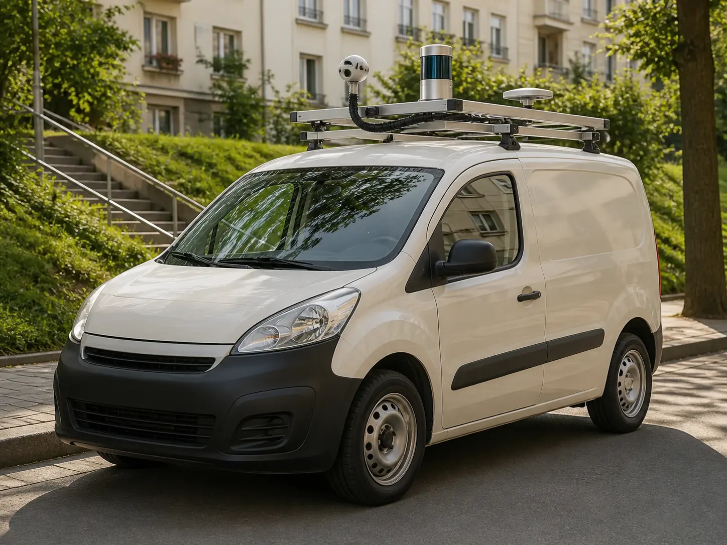 Vizual ilustrativ: mașină de livrare cu LiDAR, cameră 360 și antenă GNSS pe plafon