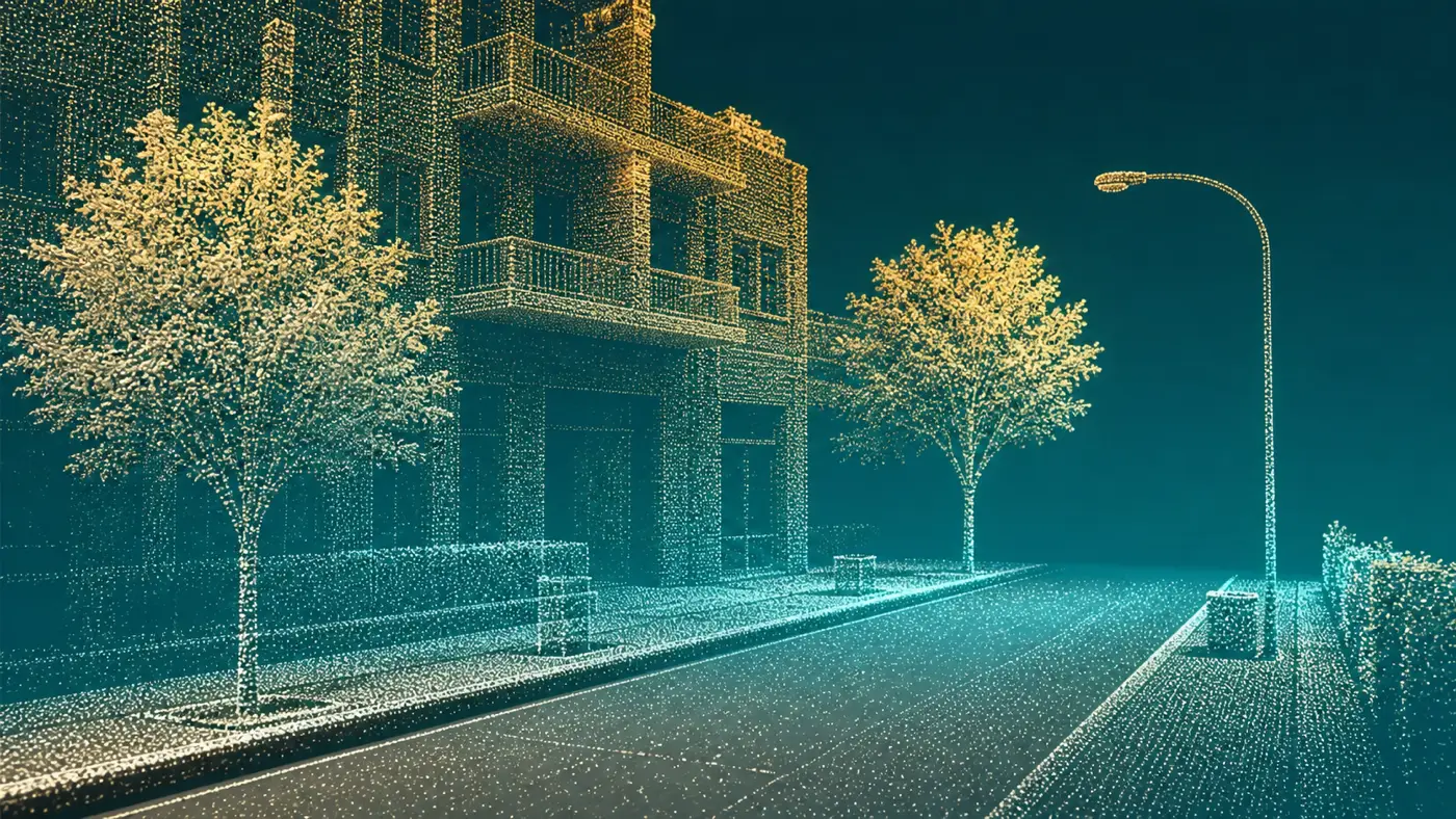 Vizualizare ilustrativă a unei străzi ca nor de puncte LiDAR: bordură, trotuar, fațadă și arbori