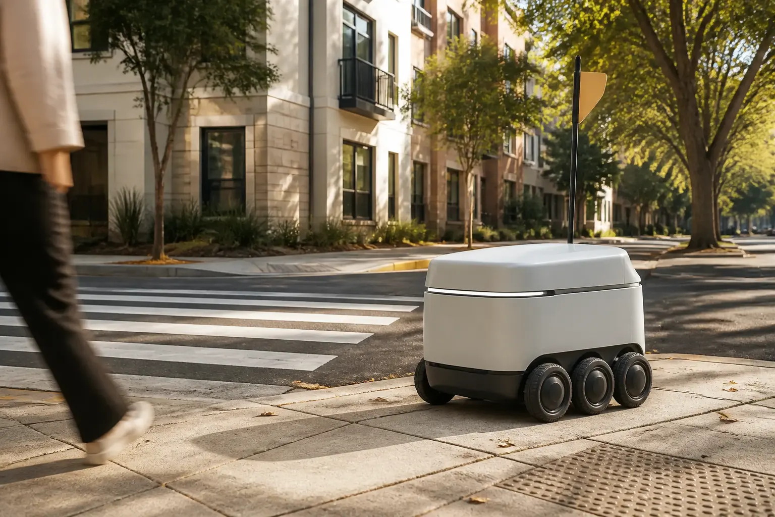Roboți de livrare — Zone de serviciu trasate pe terasă, nu pe rază. Robotul duce până la intrarea în bloc, un