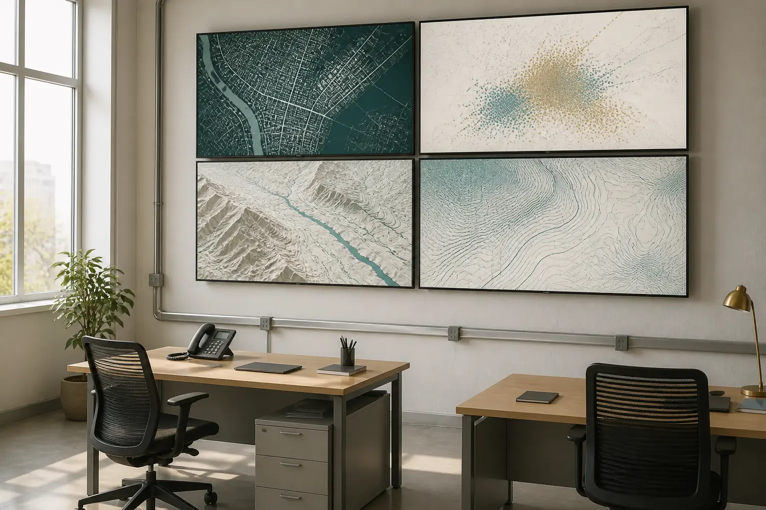 Vizual ilustrativ: sală de monitorizare urbană cu relief și hărți abstracte pe ecrane